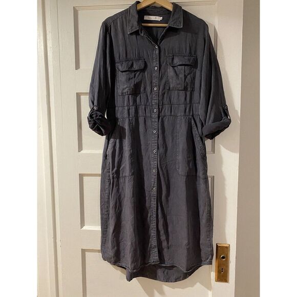 Billy T Button Down Long Sleeve Washed Black 100% Lyocell Dress Sz M Roll Tab - Picture 1 of 8